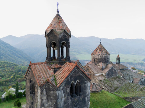 Haghpat monastery bell tower and stone churches at dawn in alaverdi