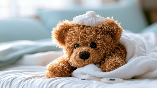 Sick teddy bear in bed with ice bag blanket and digital thermometer