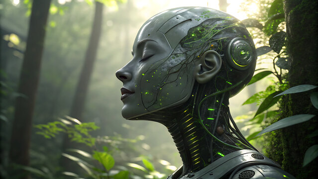 Side profile of futuristic android woman with green data connections