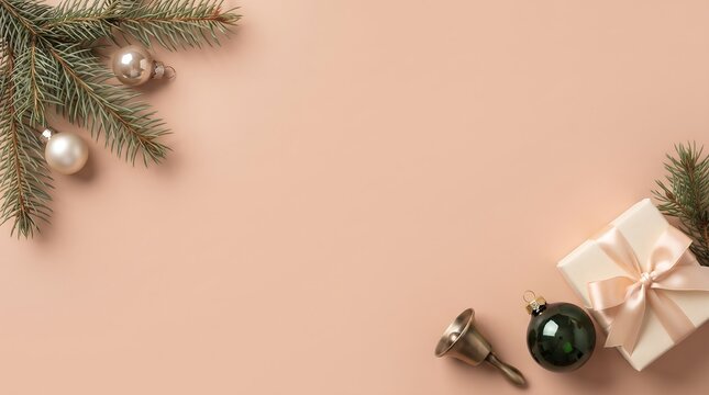 Christmas gift box with pine branch bauble bell on peach background