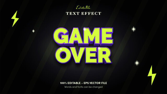 Game Over arcade text effect with acid lime block letters and electric violet rim and extrusion
