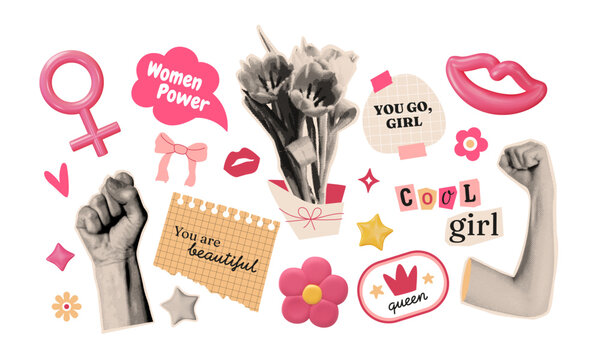 Girl power stickers in collage style. Girlish elements in pink colors, halftone hands, flowers, 3d gender sign and motivation notes. International Women's day retro badges. Vector illustrations set.