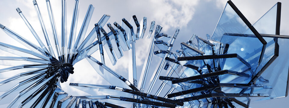 Parametric Blue Glass Spiral Helix Banner Against Sky
