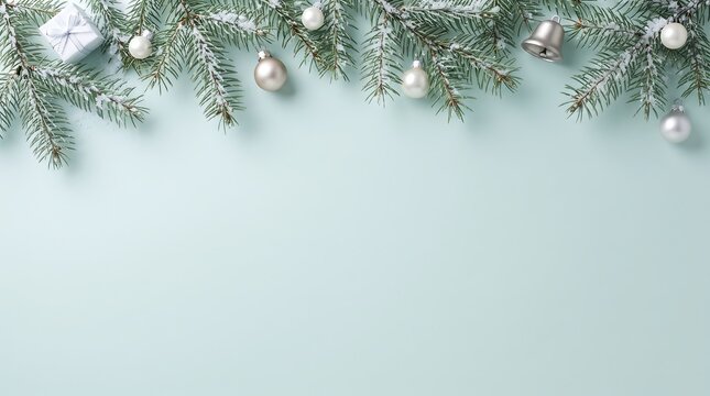 Fresh green fir branch with silver baubles and bells on light blue background