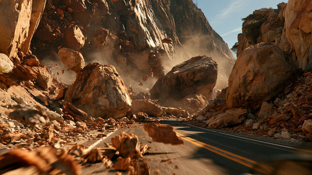 Highly detailed realistic disaster scene showing an active rockfall on a winding mountain road