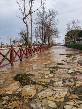 Muddy river overflowing after heavy autumn rainfall