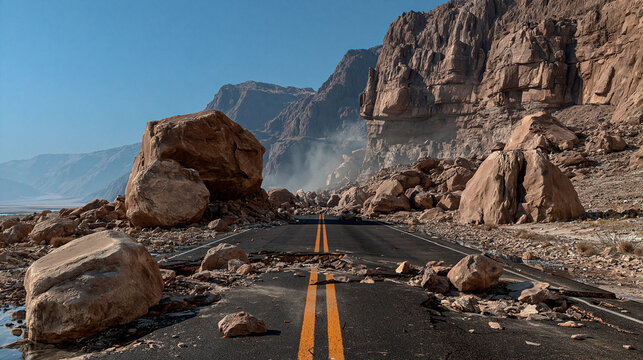 Photorealistic mountain road blocked by a recent rockfall with enormous boulders scattered across the asphalt