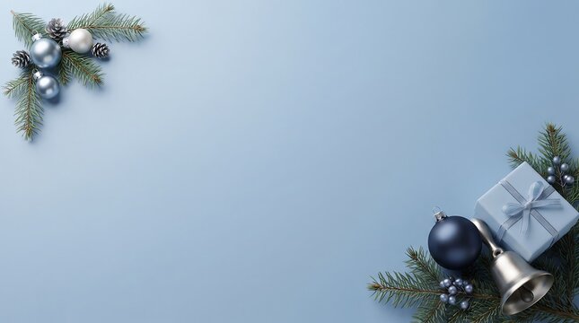 Elegant Christmas gift box with silver bell and pine sprig on light blue background