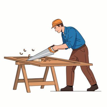 Skilled carpenter wearing a hard hat diligently sawing a wooden door frame on a workbench with wood shavings flying off in a workshop setting illustration