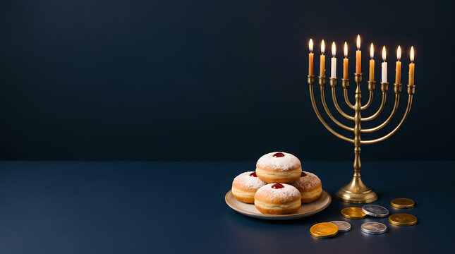 Sufganiyot donuts with lit menorah and gelt on blue background