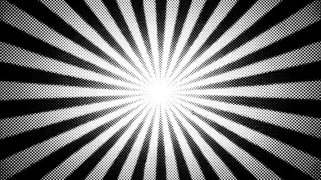 Black and white radial sunburst pattern with a halftone dot texture effect background design with pattern consists alternating rays with illustration, monochrome, starburst