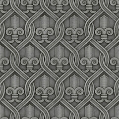Seamless PBR Texture of Classic Grey Stone Carving Featuring Elegant Fleur de Lis Motifs and Woven Ribbons © Dragonstone