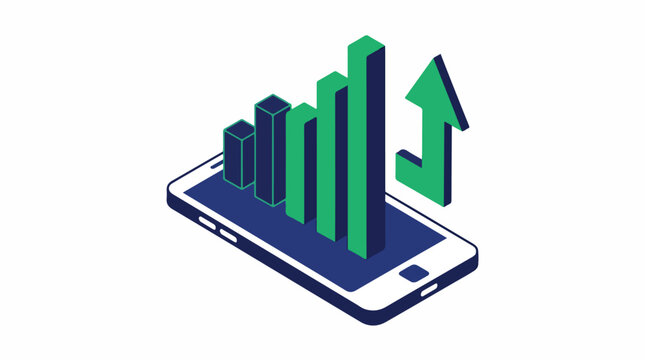Isometric smartphone mockup featuring floating bar charts and an upward arrow, minimalist style, ample negative space, navy blue and emerald green palette, sharp geometric shapes, high contrast