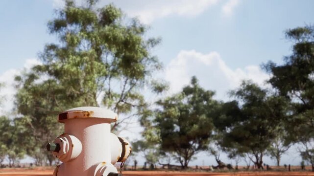 Light colored fire hydrant sits on red dirt ground under a blue sky with green gum trees in the background during a clear day with bright sunlight hitting the metal fixture in the open countryside