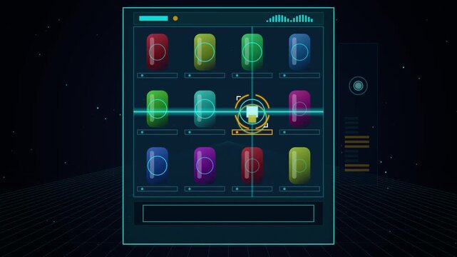 Futuristic vending machine dispenses glowing energy capsule in dark sci fi space background looping animation video.
