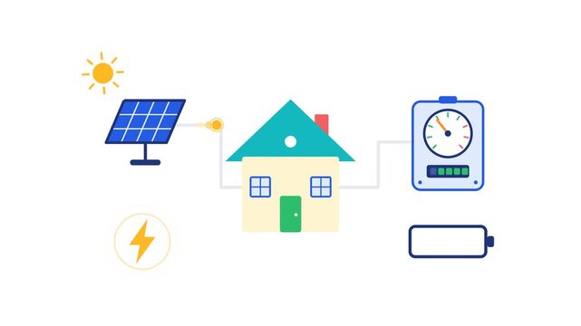 Smart Home Energy Monitoring House Solar Panel Electricity Meter Battery Lightning Bolt Flat Minimalist Vector high quality professional