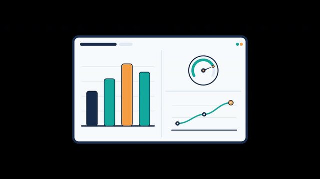 Minimal flat vector business analytics dashboard featuring four animated bar-chart columns, a circular KPI performance gauge, and a rising three-point line graph. Seamless looping motion graphic for c