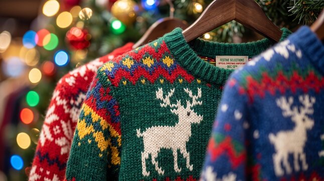 Christmas green knitted sweater with white reindeer and red, yellow and blue zigzag pattern on a wooden hanger, red and blue sweaters beside it, blurred christmas tree with colorful bokeh lights
