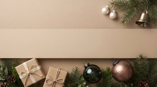 Christmas ornaments and gift boxes with pine branches on a beige background