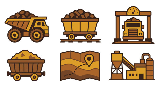 Mining equipment icon set with ore trucks and loaded mine carts alongside a route map and processing plant in flat yellow and brown cartoon style