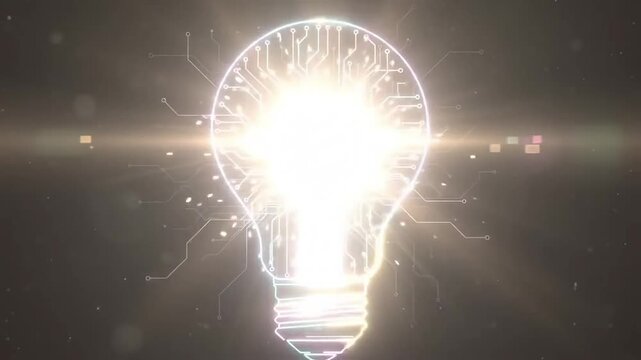 Circuit board traces forming glowing light bulb idea concept animation