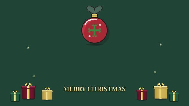 Merry Christmas greeting card background template with red ornament bauble and gift boxes vector illustration