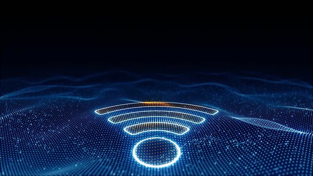 Glowing digital wifi symbol floating above dynamic blue waves of glowing abstract data particles background