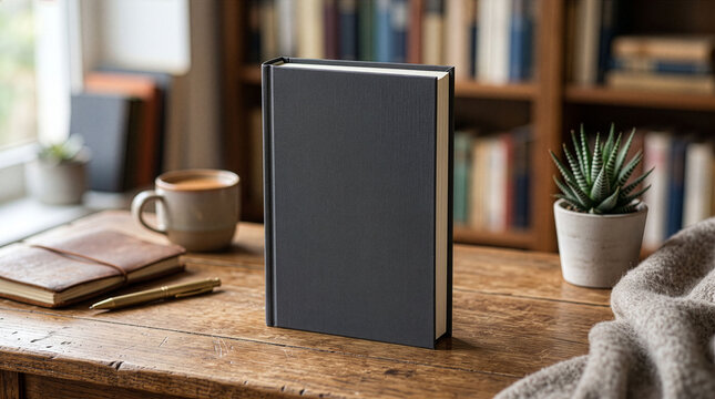 Blank Dark Grey Hardcover Book Mockup on Wooden Table.