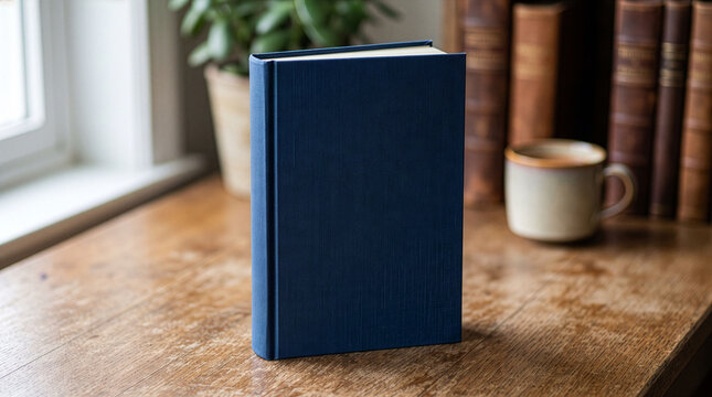Blue Hardbound Book Standing on Wooden Table in Study. 