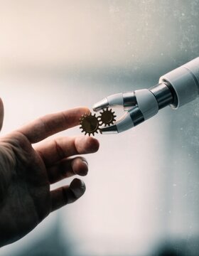 Human finger and robot hand holding gears robotic