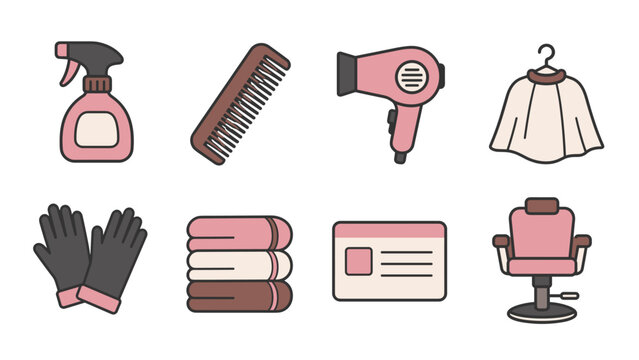 Hair salon tools and furnishings arranged in two rows include a spray bottle comb dryer hanging cape gloves folded towels card panel and pink styling chair in outlined cartoon style