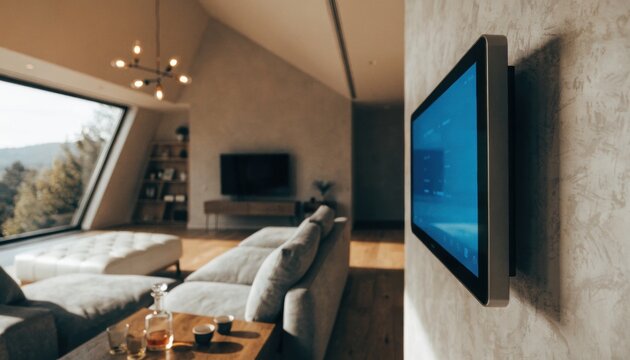 Modern living room with smart home control panel and scenic view