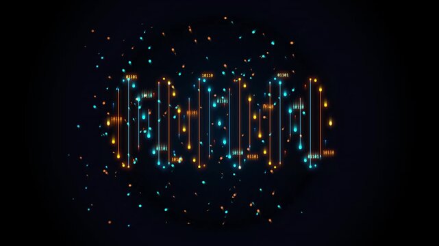 Orange and cyan vertical data lines with binary numbers and particles