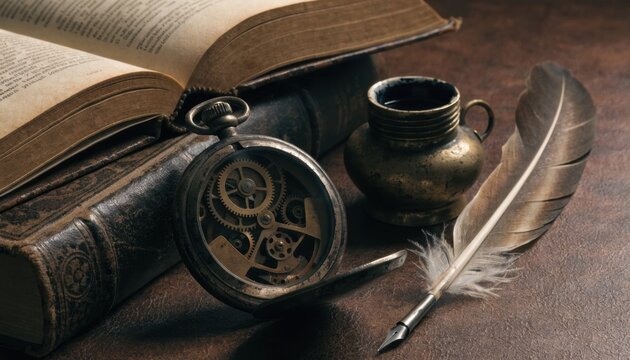 Open pocket watch with intricate gears next to antique books and quill pen