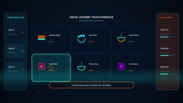 Digital gourmet touch interface displaying futuristic food menu with cyberpunk aesthetic neon graphics for smart kitchen.