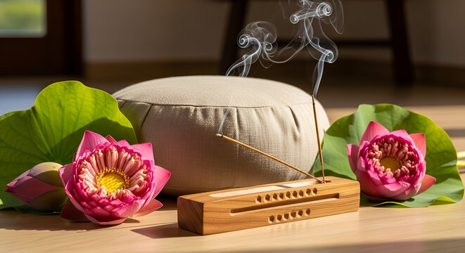 Zen Meditation Setting with Lotus Flowers and Incense