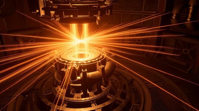 Futuristic energy reactor emits a concentrated beam inside a dark industrial chamber. Energy technology presentations, science education, and engineering communication.