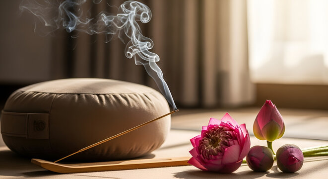 Zen meditation background with lotus flowers and incense