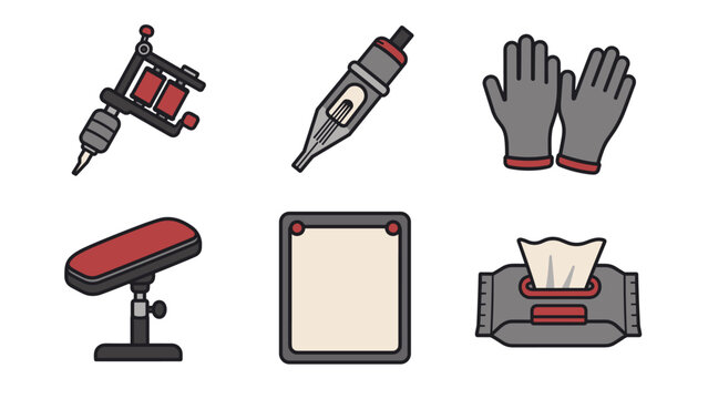 Tattoo equipment set with a red and gray machine and pen alongside protective gloves an adjustable armrest a blank framed panel and tissue dispenser in flat cartoon style with bold dark outlines