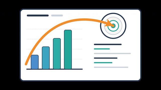 Clean flat-design business analytics motion graphic featuring a sales report document, four ascending chart bars, a large target symbol, and a bold orange upward-curving arrow. Ideal for sales growth