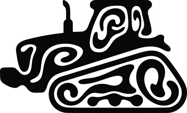 Stylized black vector sketch of a heavy crawler tractor bulldozer with artistic embellishing swirls.