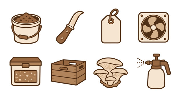 Flat cartoon icon set of gardening supplies with a soil-filled bucket and garden knife alongside a cluster of mushrooms and a hand pump sprayer on a transparent background