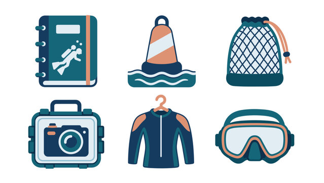 Scuba diving equipment icon set arranged in two rows with a bound dive logbook and striped buoy alongside a mesh gear bag and underwater camera housing plus a wetsuit on a hanger and a diving mask