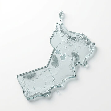 A high angle view of a glass map of oman isolated on a white background