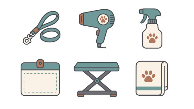 Flat pet grooming accessory icon set with a leash and collar dryer spray bottle storage pouch grooming table and folded towel marked with paw prints