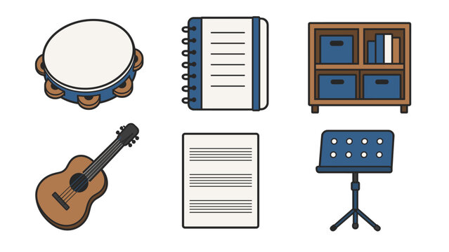 Music and study objects arranged in two rows with a tambourine notebook bookcase acoustic guitar music staff paper and perforated music stand in a clean outlined style