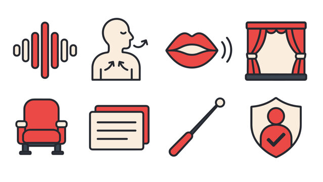 Flat outline icon set with sound waves and a speaking profile alongside lips and a stage curtain plus a red armchair document pointer and verified person shield