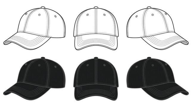 Baseball cap vector illustration set featuring multiple angles of headwear in black and white line art for apparel design templates
