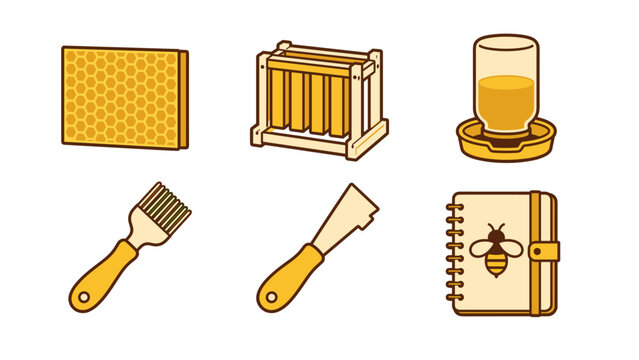Set of beekeeping equipment icons with a honeycomb panel and hive frame plus a liquid feeder two hand tools and a bee notebook in warm flat vector style