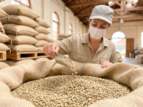 Woman in work shirt and mask inspecting a burlap sack of green coffee beans in a warehouse for coffee quality control and supply chain use